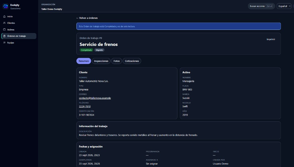 Detalle de una orden de trabajo en Evolqity Ops, con cliente, activo y cotización.
